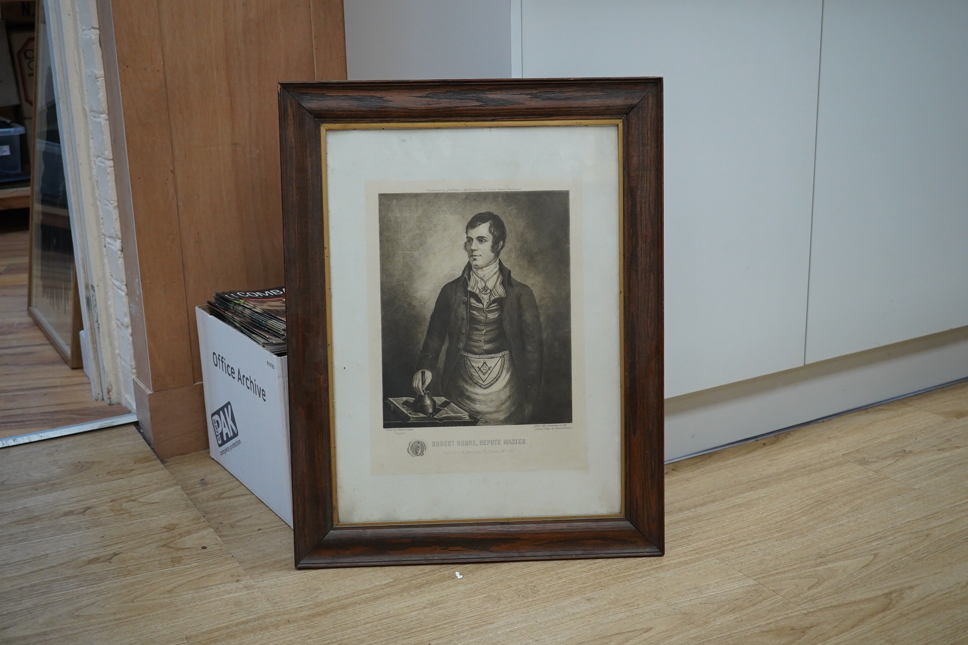 William Stewart Watson (1800-1870), etching, ‘Robert Burns, Depute Master’, etched by Charles Ewart, published 17 Park Street, Edinburgh, 58 x 43cm. Condition - fair